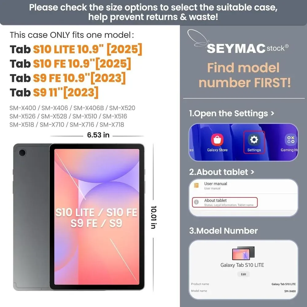 SEYMAC stock Case for Samsung Galaxy Tab S10 Lite / S10 FE / S9 FE 5G / S9 Table